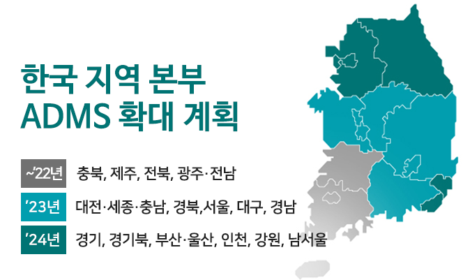 한국 지역 본부 ADMS는 2022년 충북,제주, 전북, 괁주전남을 거쳐 대한민국 남한 지도의 오른쪽 위를 향해 경기북부, 부산울산, 강원도로 확장되어 가는 그림을 나타낸다. 한국 지역본부 ADMS 확대계획 : ~'22년(충북, 제주, 전북, 광주·전남), '23년(대전·세종·충남, 경북, 서울, 대구, 경남), '24년(경기, 경기북, 부산·울산, 인천, 강원, 남서울)'