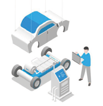 제 3차 지능형전력망 기본계획 5大 추진전략의 첫번째 전력 공급 유연성 강화를 설명하는 도표이다.  그 중 전기차는 V2G 제도 설계 및 서비스 모델 실증 추진을 통해 전력 공급 유연성 강화를 위한 자원으로 활용 계획중이다. 전기차가 생산되는 모습을 표현하였다.